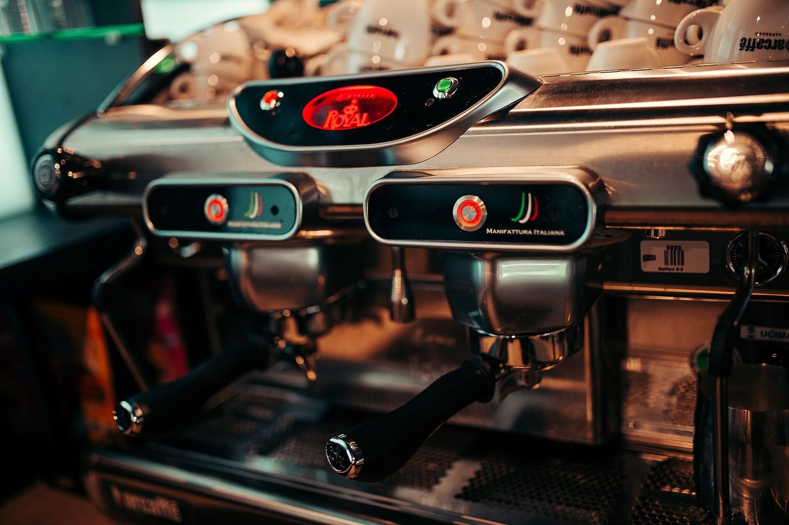 Espresso coffee machine in a cafe closeup
